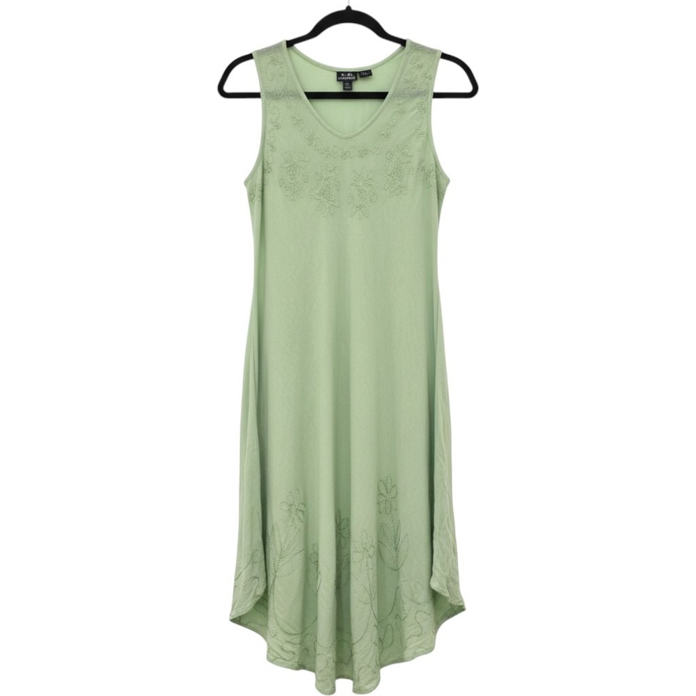 Green Embroidered Beaded Sharkbite Midi Dress Boho Revival Y2k Fairycore Whimsy